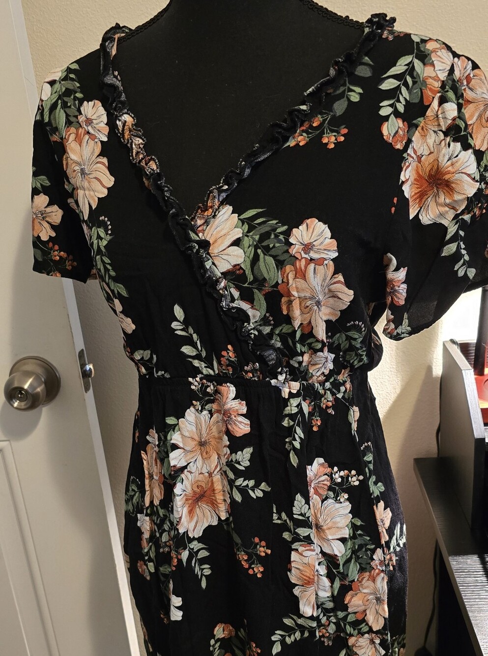 Xhilaration Black Floral Wrap Mini Dress with Peach Blooms